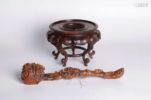 Chinese hardwood RuYi and holder base