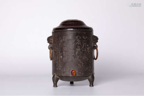 Chinese 18 century copper incense with hardwood caver