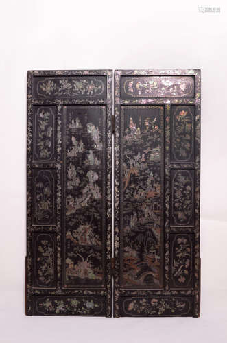 Chinese 18 century big lacquer screen set with shell