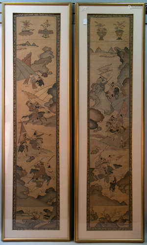 A pair of chinese 18 century embroidery handing panel