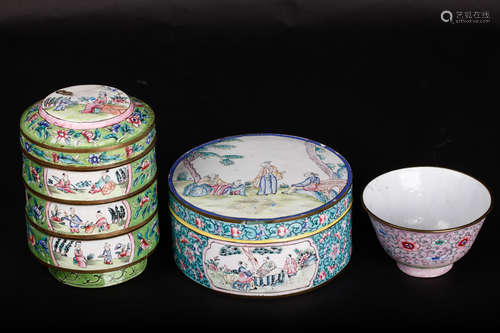 Chinese 19 century 2 enamel box and 1 enamel cup