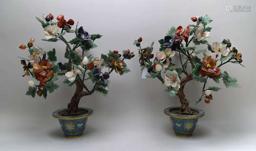 A pair of Cloisonne flowerpot with agate/crystal/jade flower