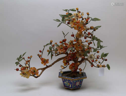 Cloisonne flowerpot with agate/crystal/jade flower