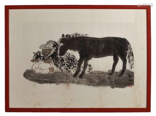 Chinese Watercolor Painting of a Donkey