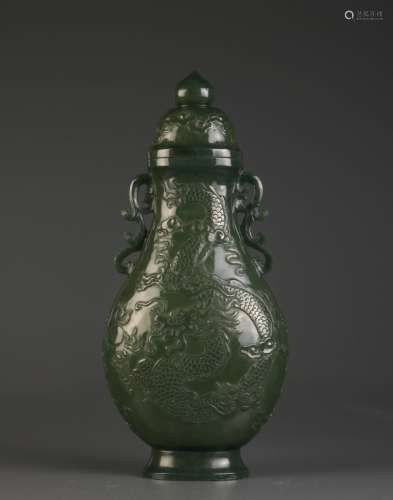 Chinese Spinach Jade Carved Vase w/ Ears