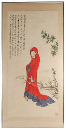 Chinese Watercolor Painting of Red Cloth Woman