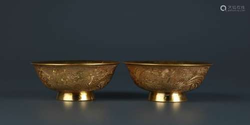 Pair of Chinese Gold Overlay Dragon & Pheonix Bowl