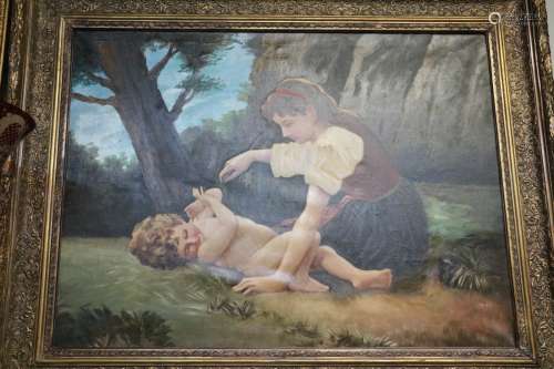 European Oil on Canvas Painting of a Girl Playing