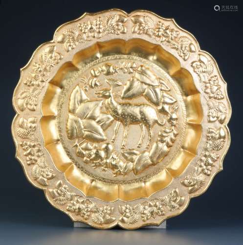 Chinese Gilt Bronze Plate w/ Deer and Threes