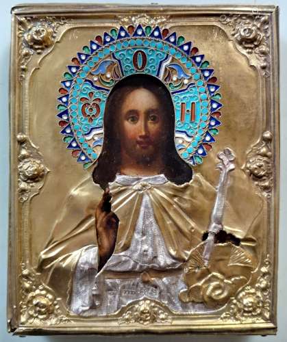 Antique 19 c Russian Silver Enamel icon of Christ.