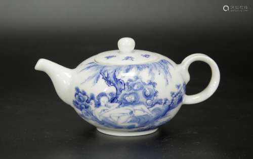 Chinese Blue/White Porcelain Teapot w/ Erotic Scen