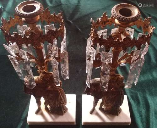 Pair (2) Bronze Marble Base Cristal Candlesticks.