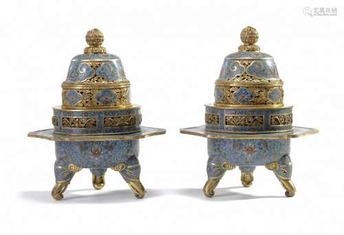 A pair of Chinese cloisonne enamel 'scrolling lotus' tripod censers and covers