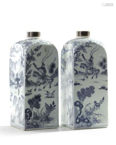 A pair of Chinese blue and white square bottles and silver covers