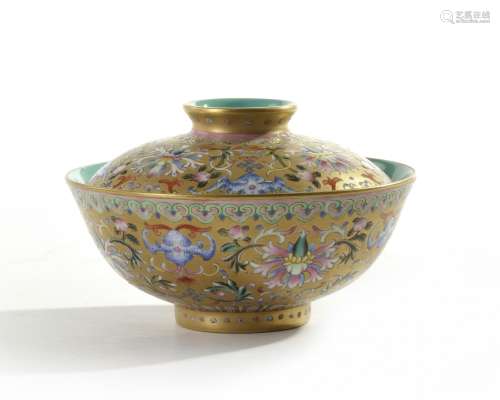 A Chinese gilt-ground famille rose bowl and cover