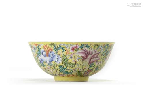 A Chinese yellow-ground famille-rose bowl