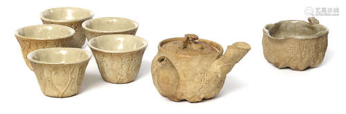 A Kyoyaki-ware sencha tea-set by Otagaki Rengetsu