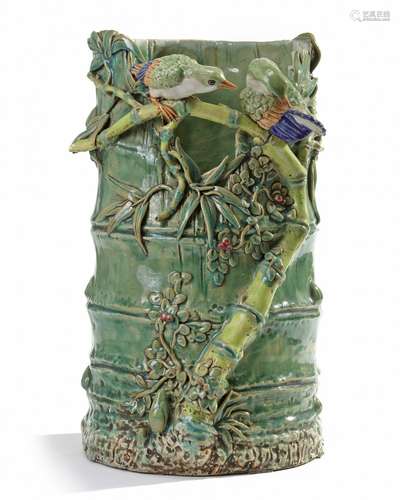 A large Chinese enamelled 'bird and bamboo' umbrella stand