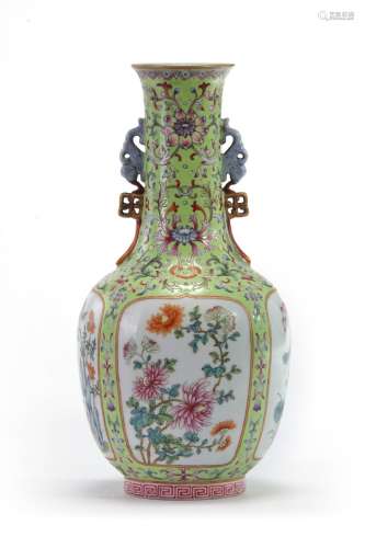 A Chinese lime-green ground famille rose 'floral' vase
