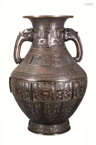 A very larg Japanese bronze twin-handled vase