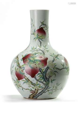 A Chinese famille rose 'nine peaches' bottle vase, tianqiuping