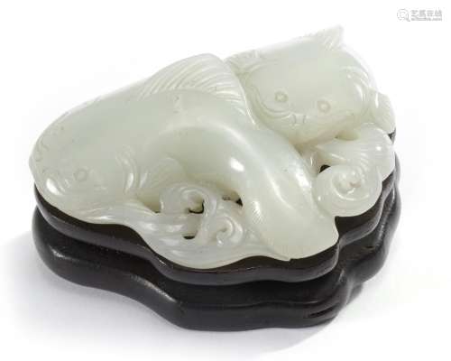 A Chinese pale celadon jade 'twin catfish' carving