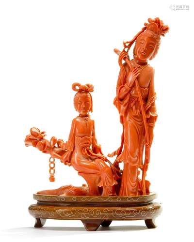 A Chinese coral carving of two ladies