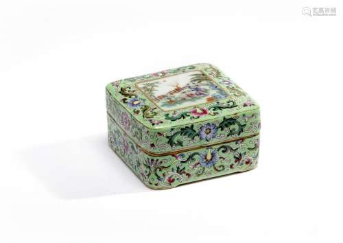 A Chinese lime-green ground famille rose square seal paste box and cover