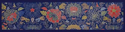 A large Chinese blue-ground brocade 'floral' panel