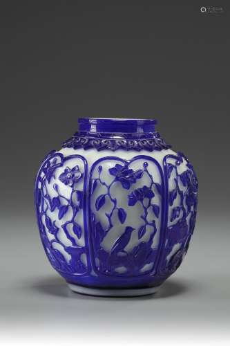 A Chinese blue overlay white glass 'floral' jar