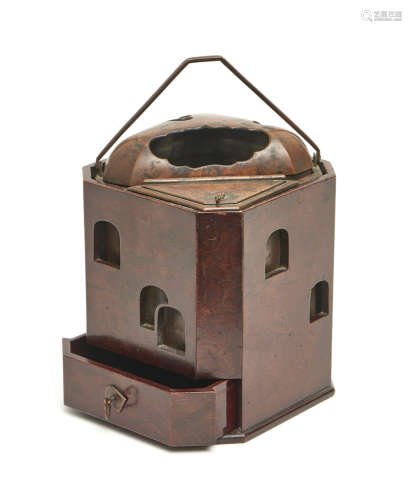 Square copper incense-burner (k?ro) inside a mulberry wooden casing