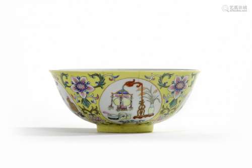 A Chinese yellow-ground sgraffiato famille rose medallion bowl
