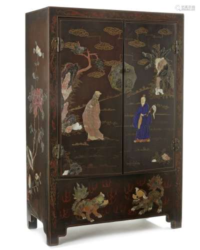 A Chinese soapstone and mother of pearl-inlaid lacquer cabinet