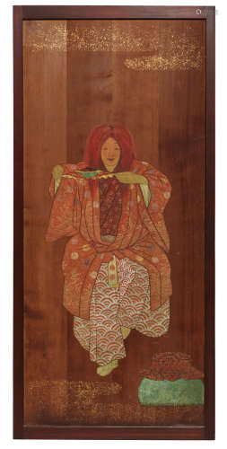A plain wooden door with a polychrome anonymous painting