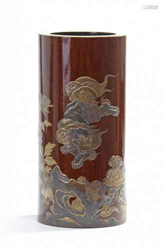 A Japanese lacquer silver inlaid brush-pot