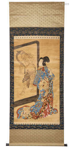 A hanging scroll (kakejiku) with a large colorful painting