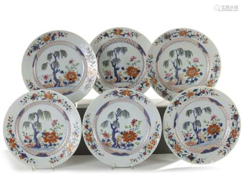A set of six Chinese famille rose peony and willow dishes