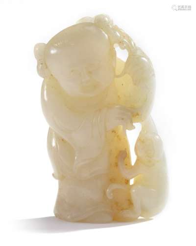 A Chinese pale cream jade 'boy and monkey' group