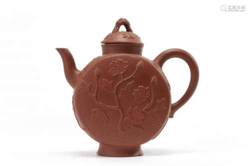 A Chinese yixing 'peony and chilong' flattened teapot and cover