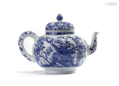 A large Chinese blue and white 'birds and flowers' teapot and cover