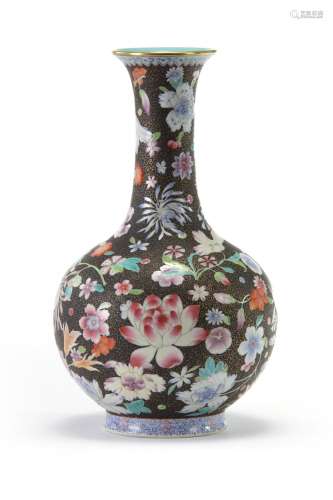 A Chinese black-ground famille-rose 'floral' bottle vase