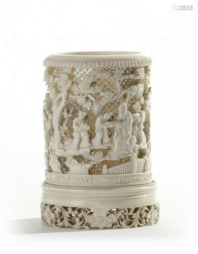 A Cantonese pierced ivory brush pot, bitong