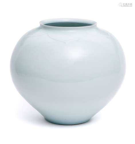 A large and light celadon-green globular Tobeyaki vase