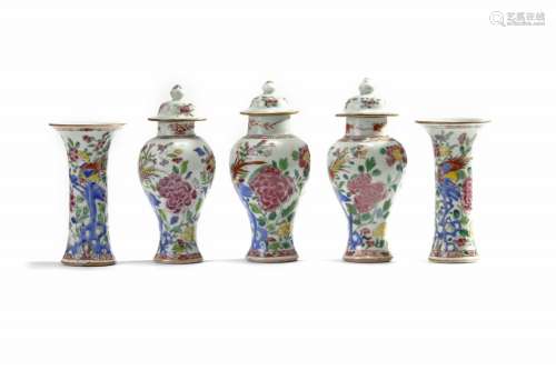 A small Chinese famille rose 'pheasant and peony' five-piece garniture