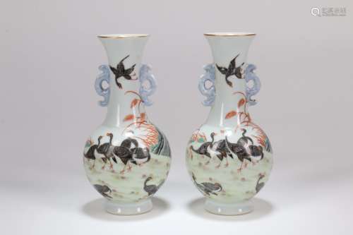 Pair of Chinese Famille-Rose Porcelain Vases