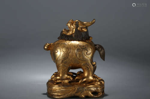 A Chinese Gilt Bronze Foo-Dog Incense Burner