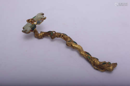 A Chinese Gilt Bronze with Inlay Jade Ruyi