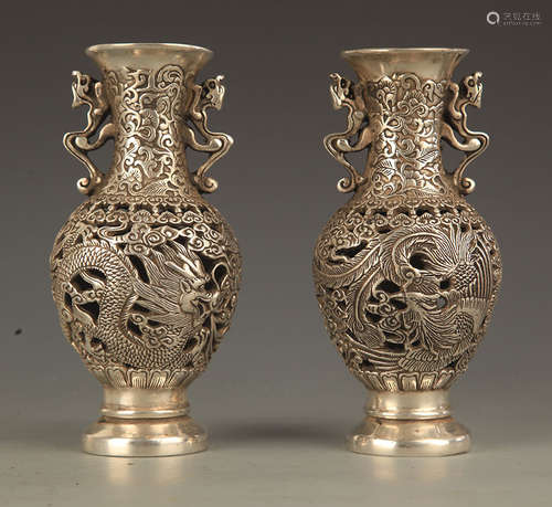 PAIR OF HOLLOW CARVING BRONZE DOUBLE EAR JAR