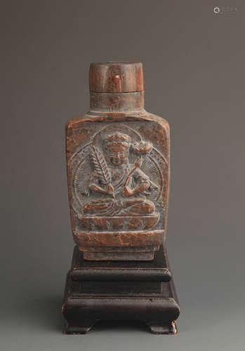 A FINE DRAGON CARVING WOOD MEDICINE BOTTLE