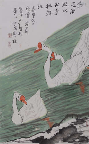 江文湛（b.1940）  湖上白鹅 设色纸本  镜框  2006年作